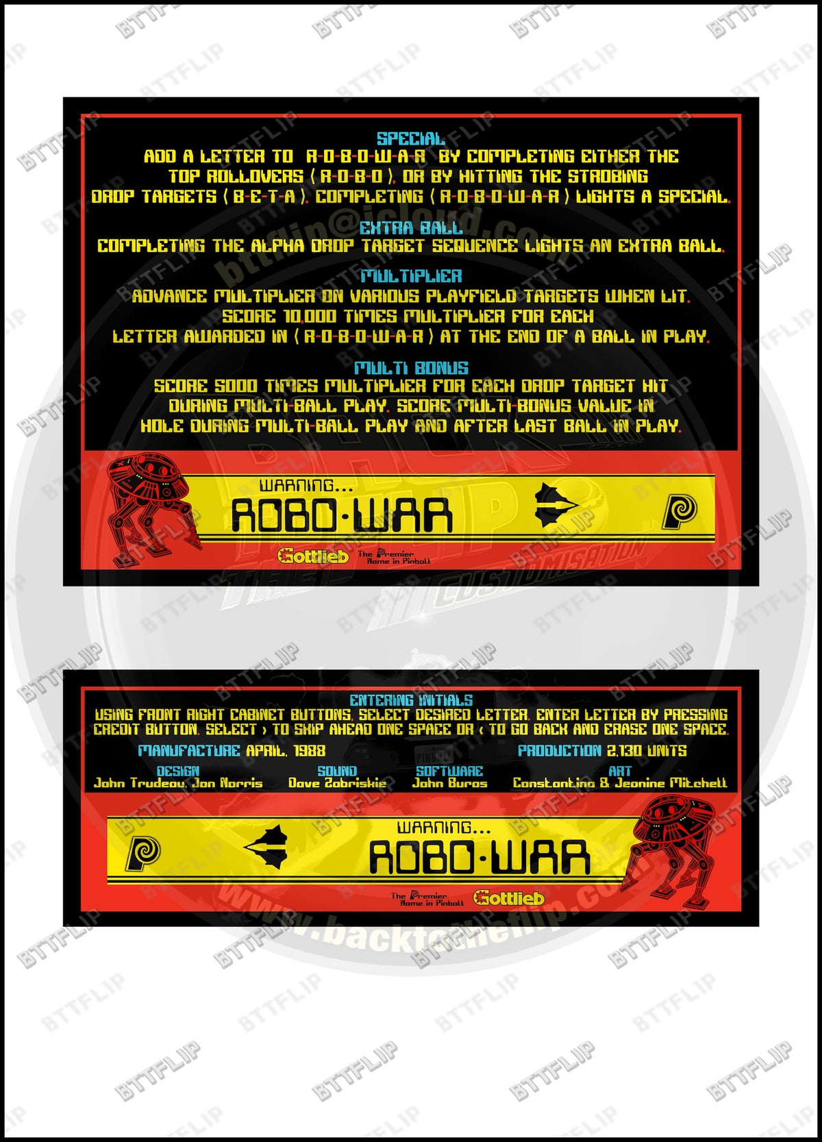 Cartes d'instructions custom apron flipper Gottlieb Robo-war 1988 Robowar (set de 2)