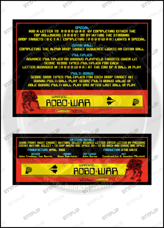 Tarjetas de instrucciones para "apron flipper" de Gottlieb Robo-war 1988 Robowar (set de 2)