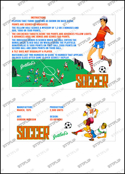 Instrucciones de las tarjetas de juego Gottlieb Soccer 1975, delantal personalizado de pinball, reglas impresas