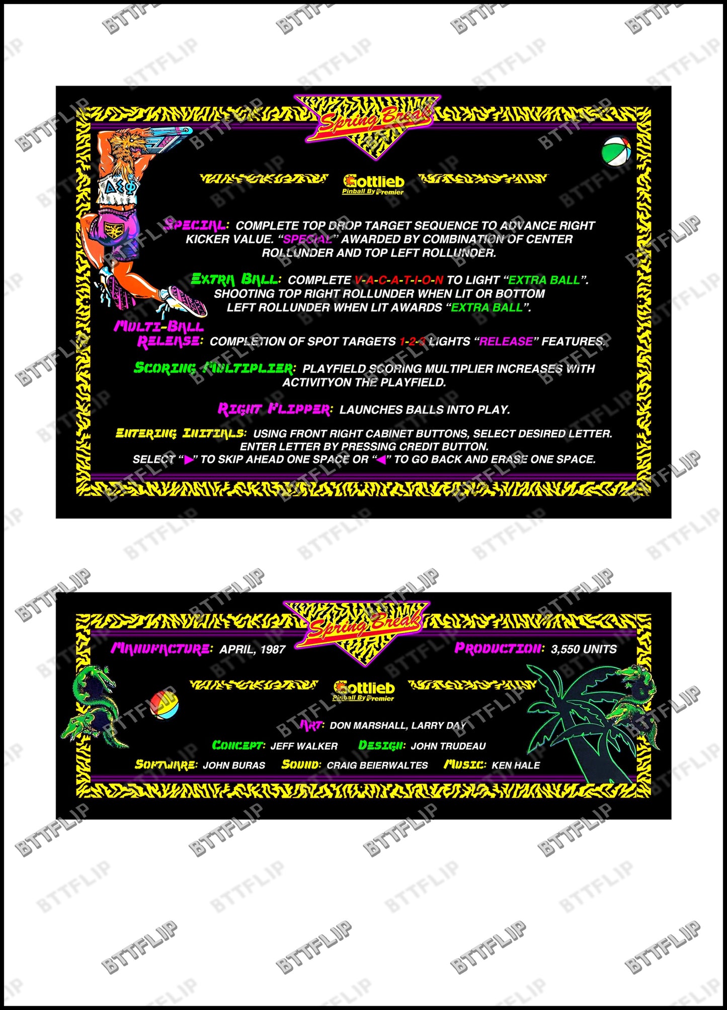 Instrucciones para tarjetas de juego Gottlieb Spring Break 1987, delantal personalizado de pinball, reglas impresas