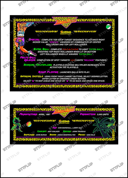 Instrucciones para tarjetas de juego Gottlieb Spring Break 1987, delantal personalizado de pinball, reglas impresas
