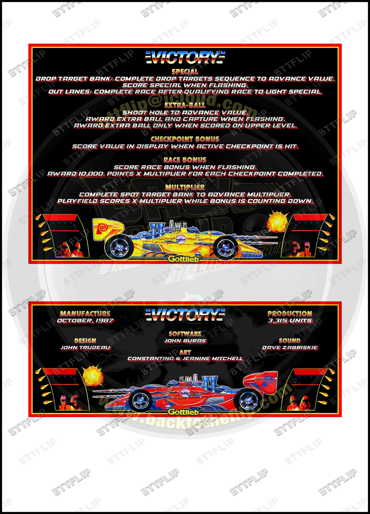 Cartes d'instructions custom apron flipper Gottlieb Victory 1987 (set de 2)