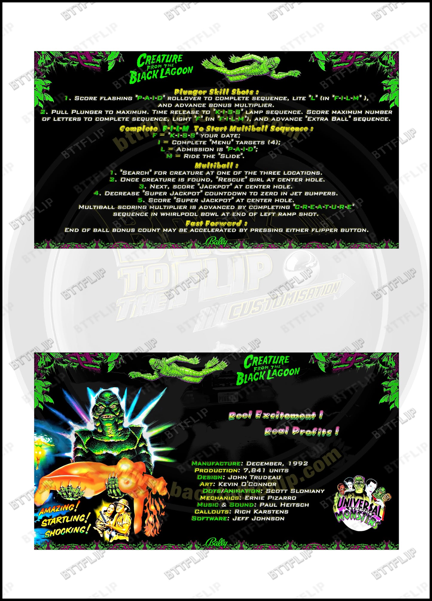 Cartes d'instructions custom apron flipper Bally Creature From The Black Lagoon 1992 V3 (set de 2)