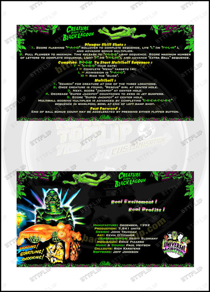 Cartes d'instructions custom apron flipper Bally Creature From The Black Lagoon 1992 V3 (set de 2)