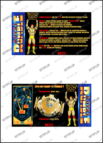 Instrucciones de tarjetas de juego Data East ROYAL RUMBLE WWF 1994 Delantal personalizado de Pinball Reglas impresas