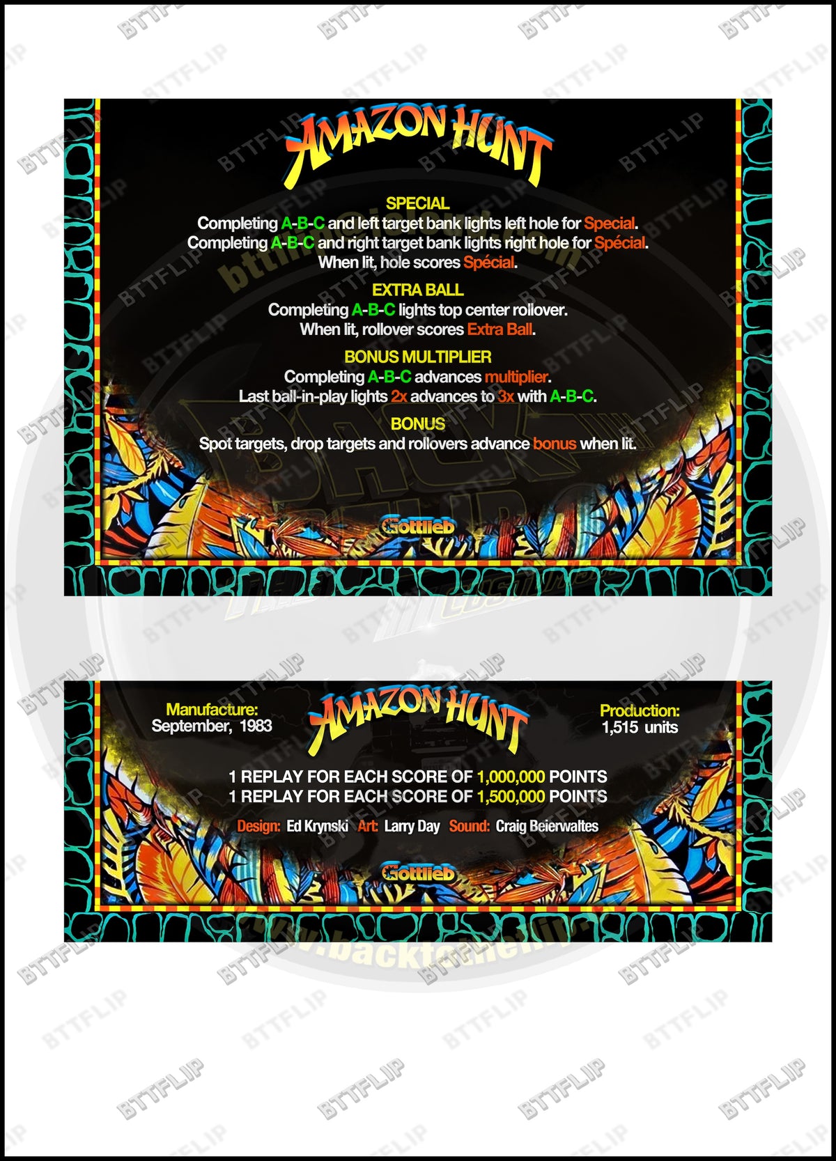 Gottlieb Amazon Hunt 1983 Game Cards Rules Instructions Pinball Custom Apron