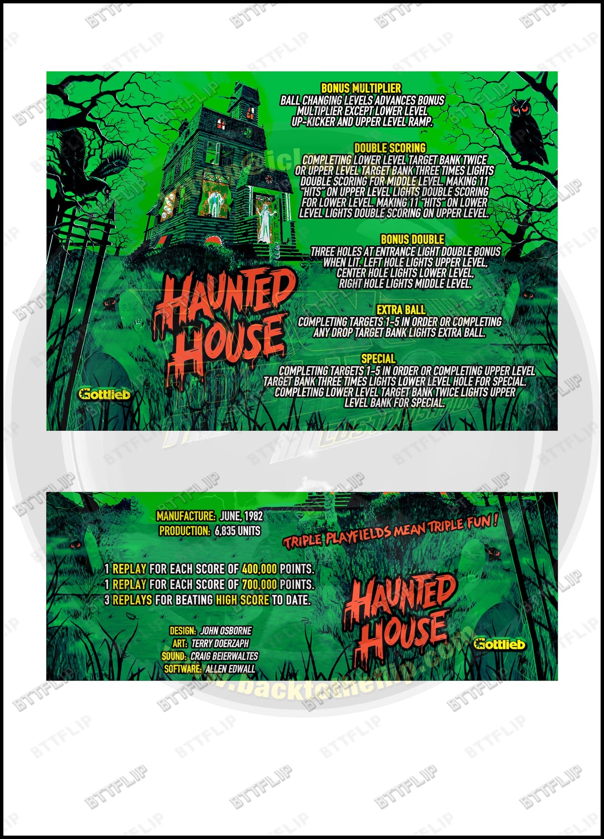 Custom instruction cards apron flipper Gottlieb Haunted House 1982 V2