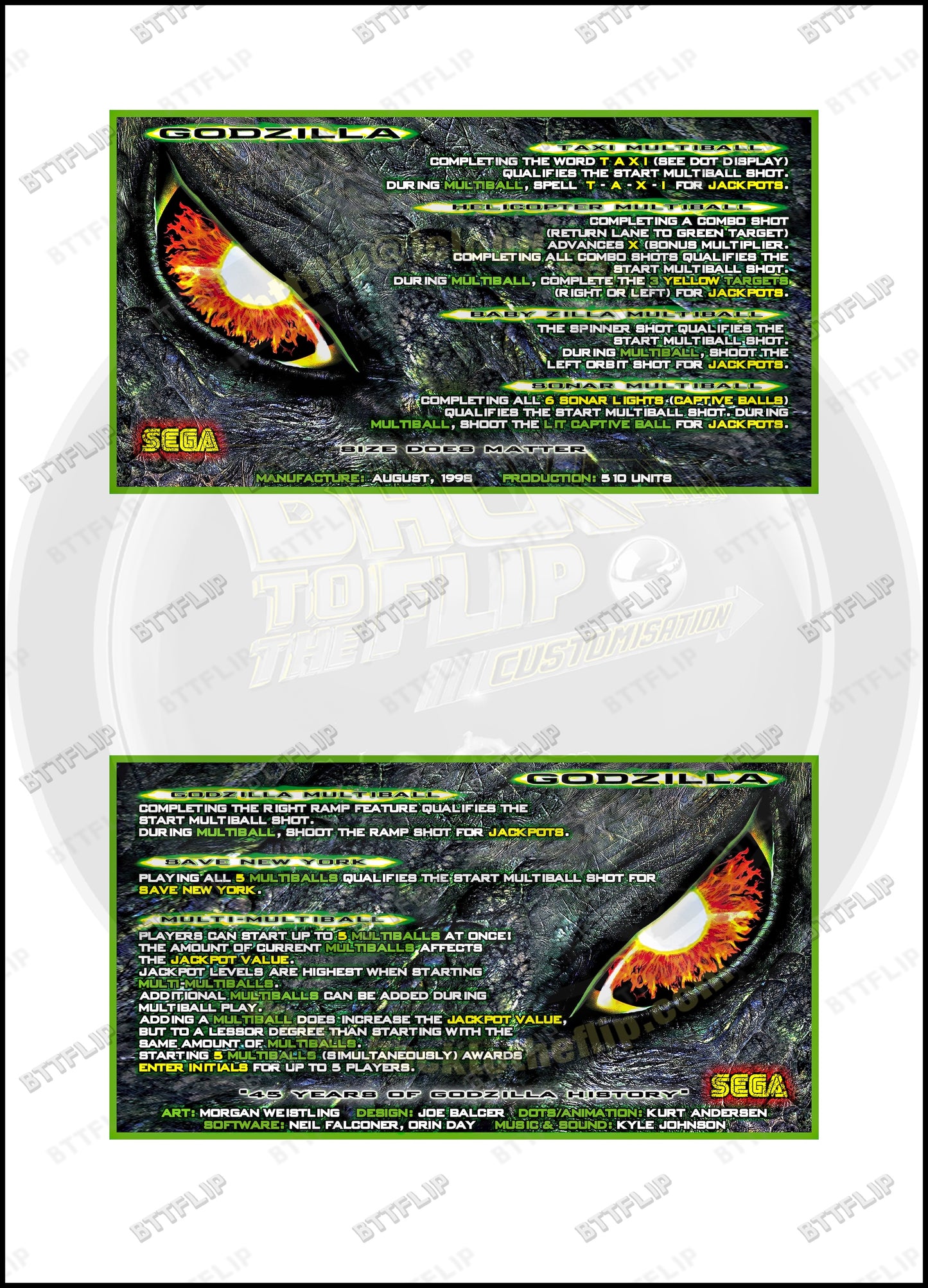 Cartes d'instructions custom apron flipper SEGA GODZILLA 1998 V1 (set de 2)