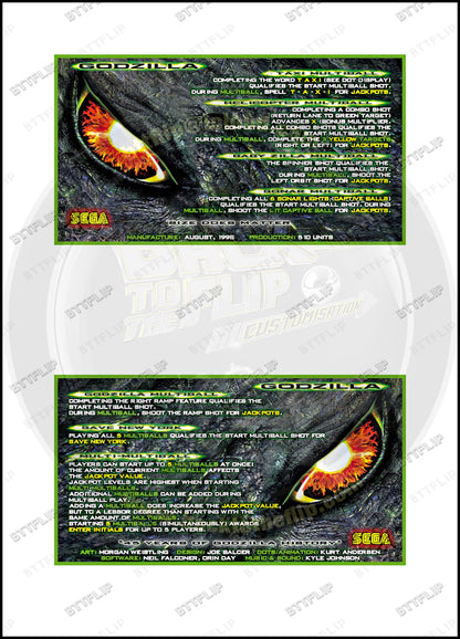 Cartes d'instructions custom apron flipper SEGA GODZILLA 1998 V1 (set de 2)
