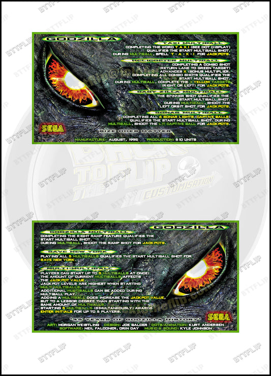 Cartes d'instructions custom apron flipper SEGA GODZILLA 1998 V1 (set de 2)