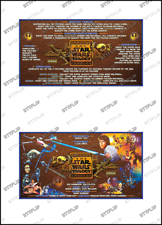Instrucciones de las tarjetas del juego SEGA Star Wars Trilogy 1997 Delantal personalizado de pinball con reglas impresas