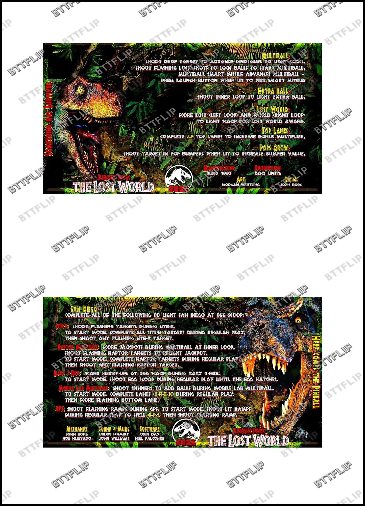 SEGA The Lost World Jurassic Park 1997 Game Cards Rules Instructions Pinball Custom Apron