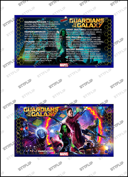 Instrucciones para las tarjetas de juego profesionales de Stern Guardians of the Galaxy 2017. Delantal personalizado de pinball con reglas impresas.
