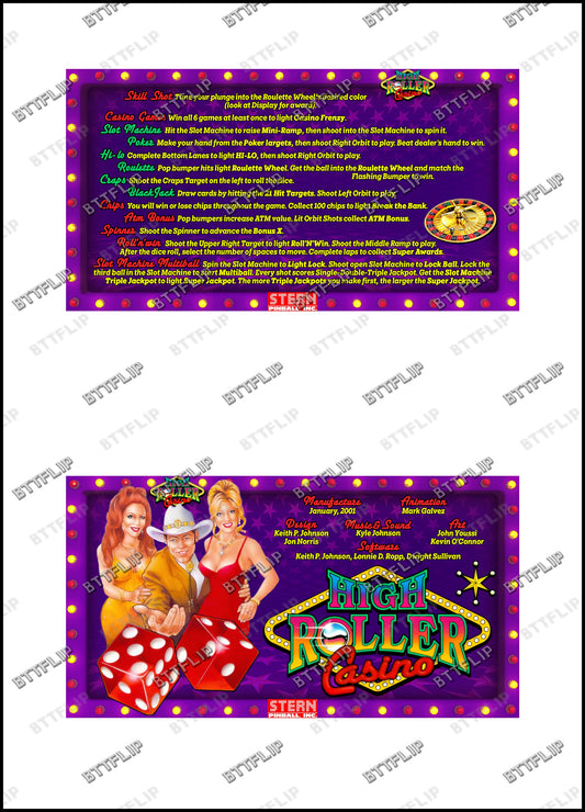 Stern High Roller Casino 2001 Jeu Cartes règles Instructions Flipper Custom Apron