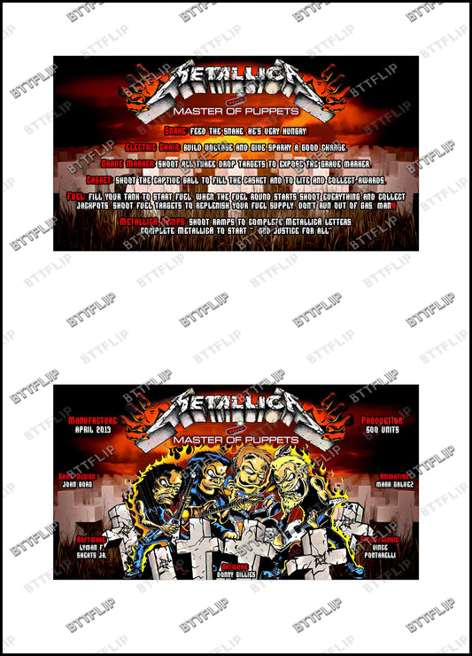 Stern Metallica Master Of Puppets 2013 Jeu Cartes règles Instructions Flipper Custom Apron