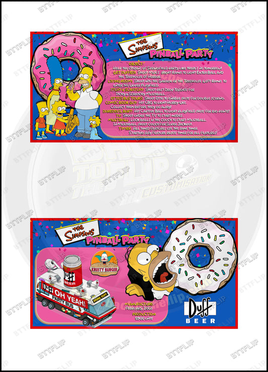 Cartes d'instructions custom apron flipper Stern The Simpsons Pinball Party 2003 (set de 2)