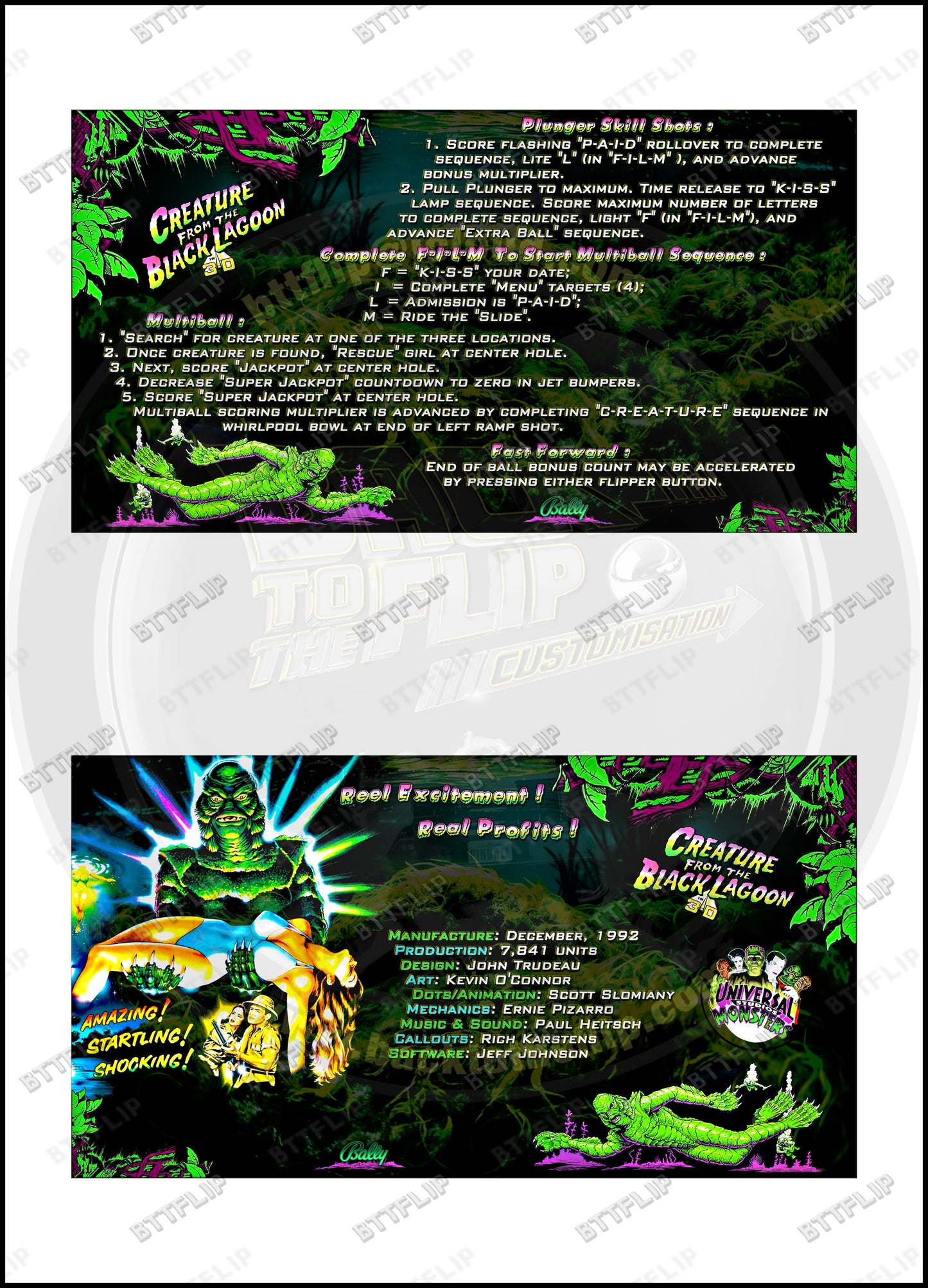 Custom apron instruction cards flipper Bally Creature From The Black Lagoon 1992 V1 (set of 2)