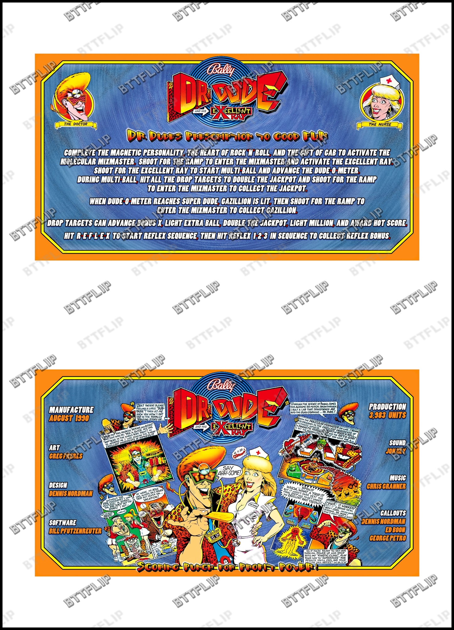 Bally Dr Dude 1990 Jeu Cartes règles Instructions Flipper Custom Apron V1