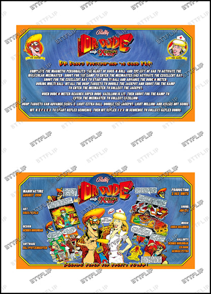 Bally Dr Dude 1990 Jeu Cartes règles Instructions Flipper Custom Apron V1
