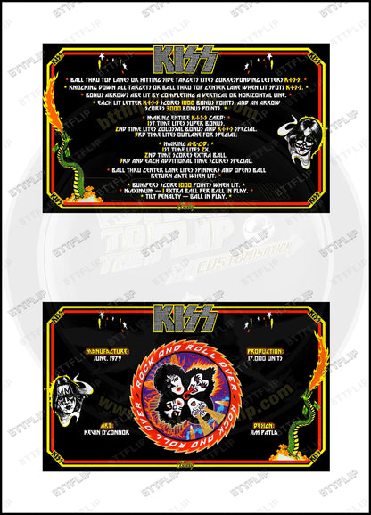 Instrucciones de las tarjetas de juego Bally KISS 1979 Delantal personalizado de pinball con reglas impresas