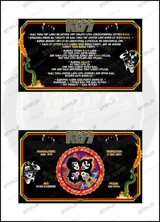 Bally KISS 1979 Jeu Cartes règles Instructions Flipper Custom Apron