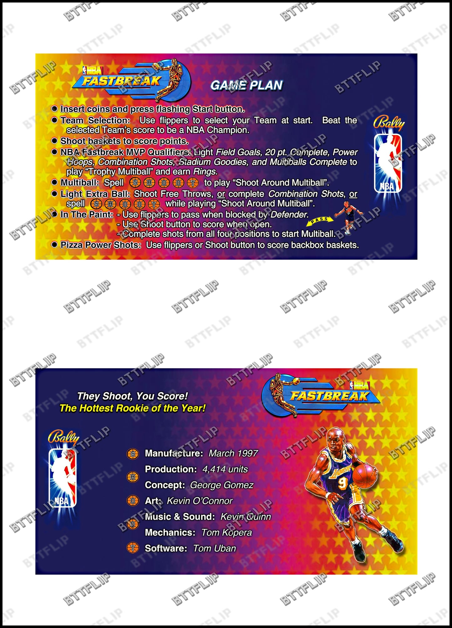 Bally NBA FASTBREAK 1997 Juego Tarjetas Reglas Instrucciones Flipper Custom Delantal V1