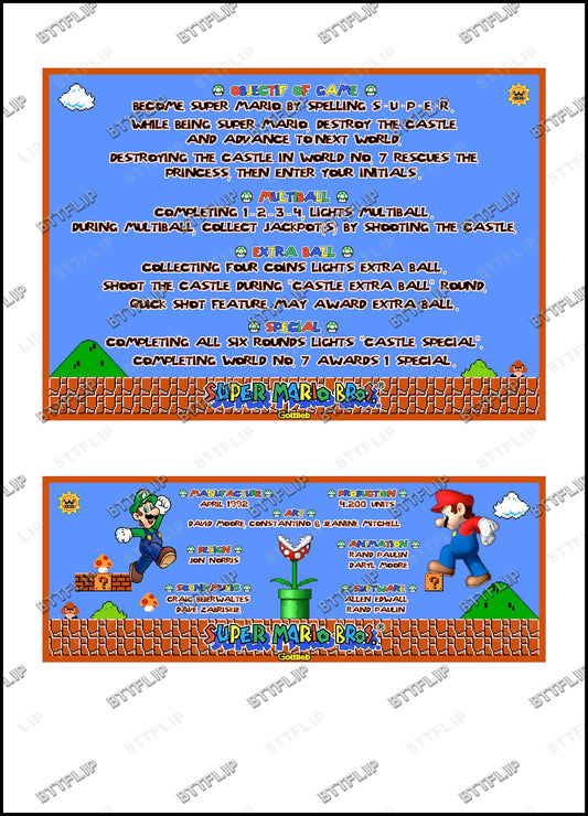 Reglas e instrucciones del juego Gottlieb Super Mario Bros 1992 Delantal personalizado de pinball V1