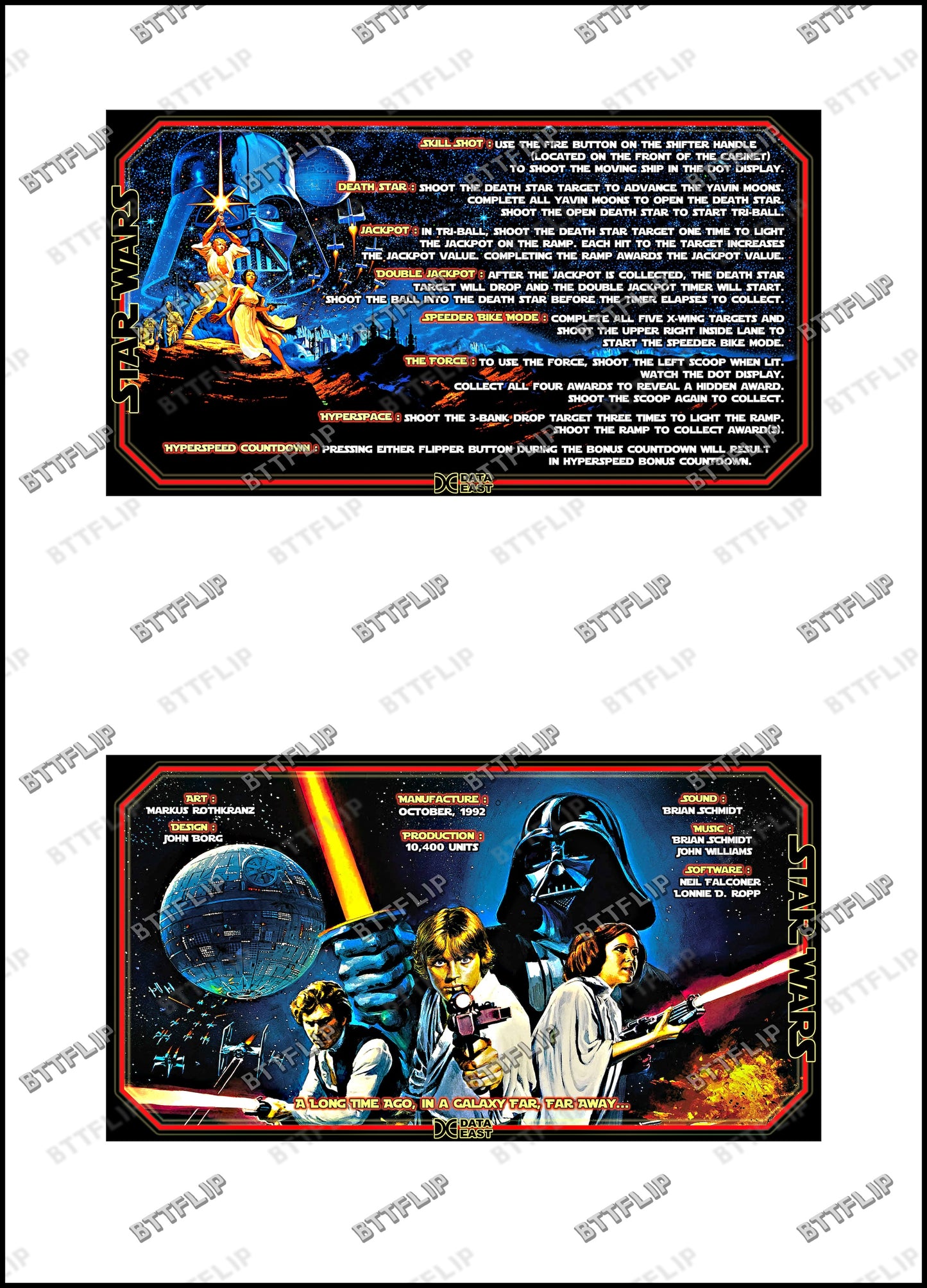Data East Star Wars 1992 Juego Tarjetas Reglas Instrucciones Flipper Custom Apron V1