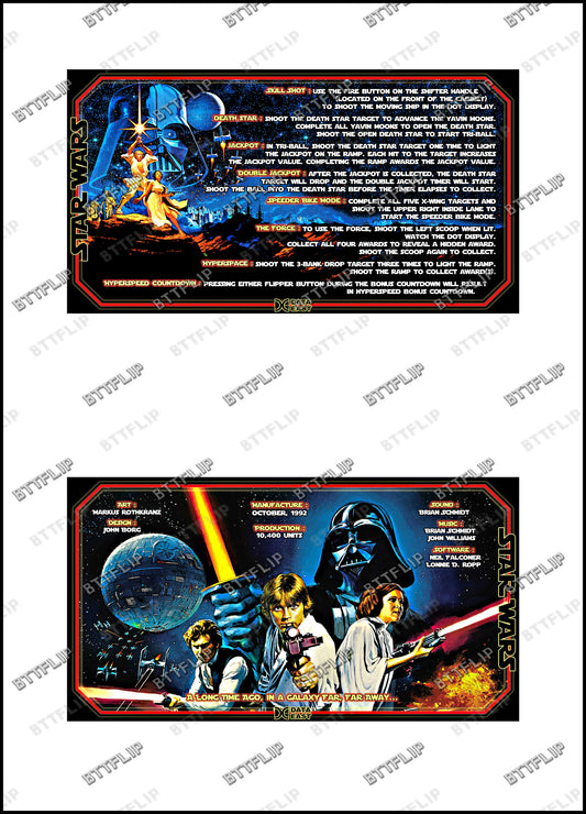 Data East Star Wars 1992 Jeu Cartes règles Instructions Flipper Custom Apron V1
