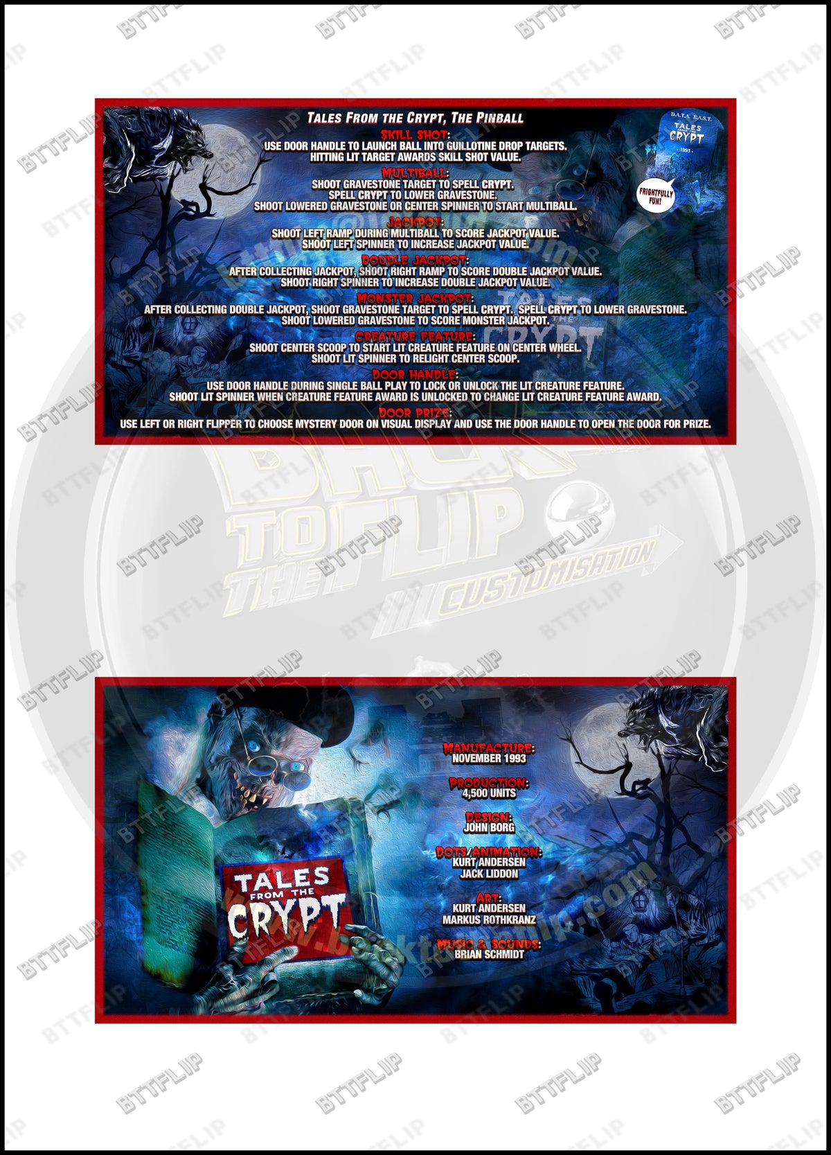 Data East Tales From The Crypt 1993 Game Cards Instructions Pinball Custom Apron Printed Rules V1