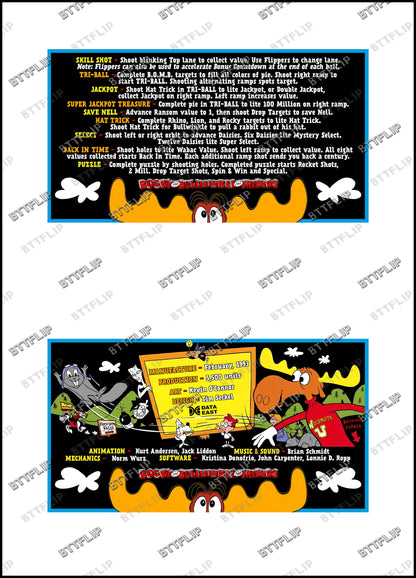 Data East LAS AVENTURAS DE ROCKY Y BULLWINKLE Y AMIGOS 1993 Reglas del juego Tarjetas Instrucciones Pinball Delantal personalizado V1