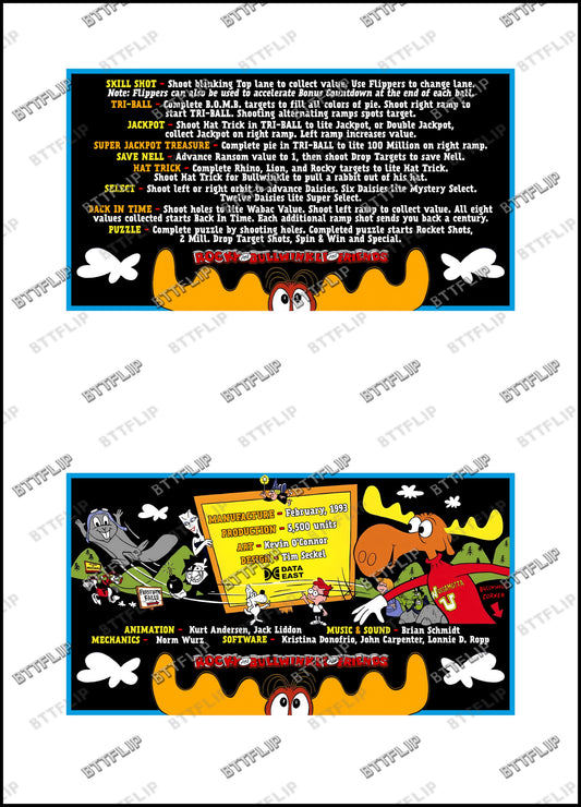 Data East THE ADVENTURES OF ROCKY AND BULLWINKLE AND FRIENDS 1993 Jeu Cartes règles Instructions Flipper Custom Apron V1