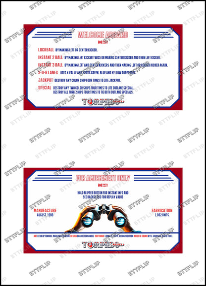 Data Torpedo Alley 1988 Jeu Cartes règles Instructions Flipper Custom Apron V1