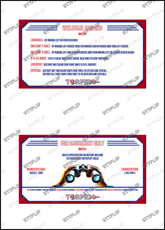 Data Torpedo Alley 1988 Jeu Cartes règles Instructions Flipper Custom Apron V1