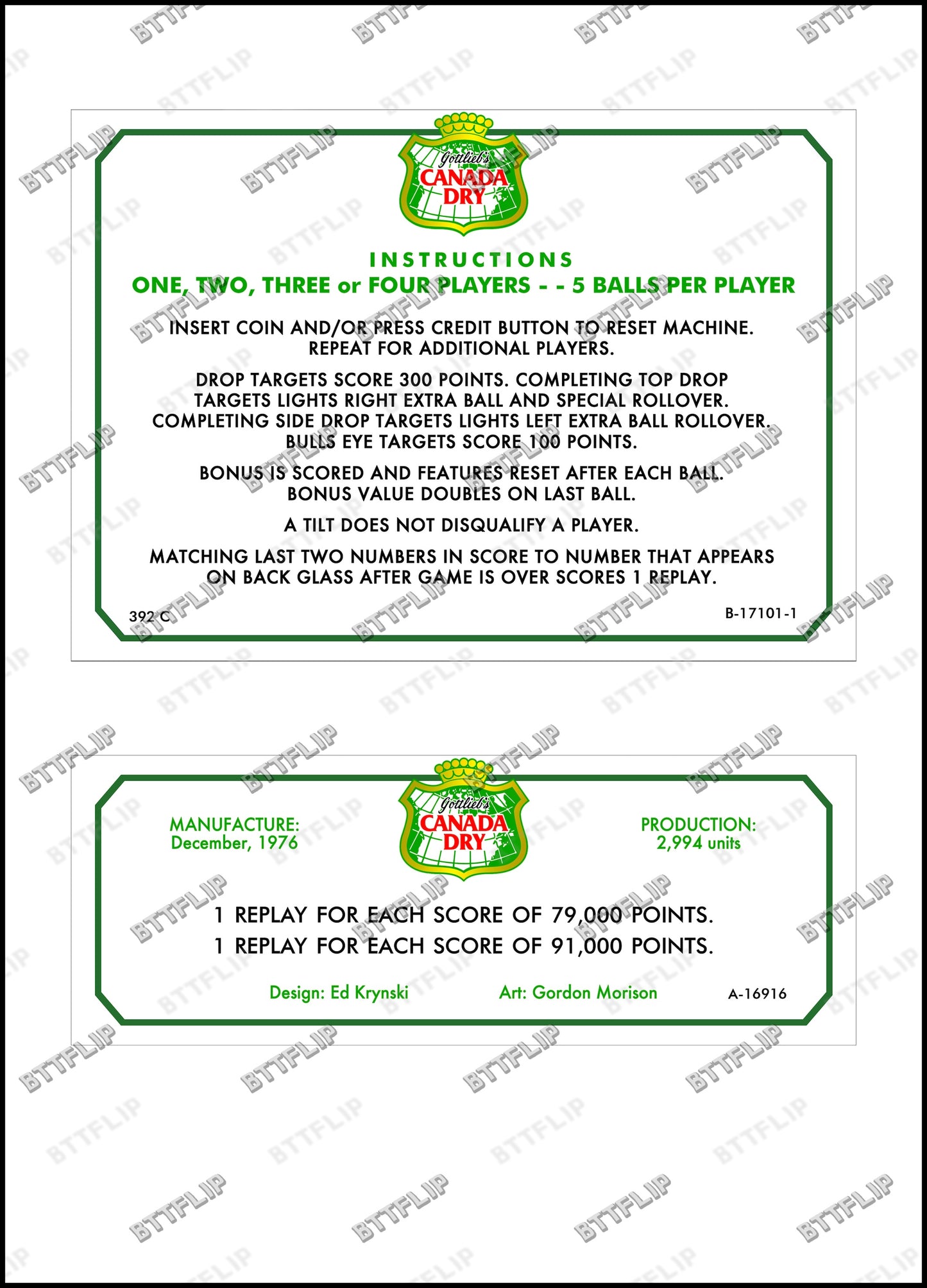 Gottlieb Canada Dry 1976 Game Cards Rules Instructions Pinball Custom Apron V1