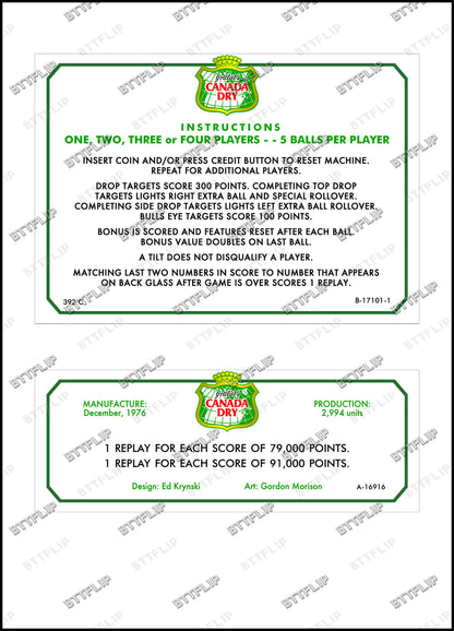 Gottlieb Canada Dry 1976 Game Cards Rules Instructions Pinball Custom Apron V1