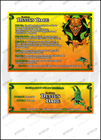 Cartes d'instructions custom apron flipper Gottlieb Devil's Dare 1982 V1 (set de 2)