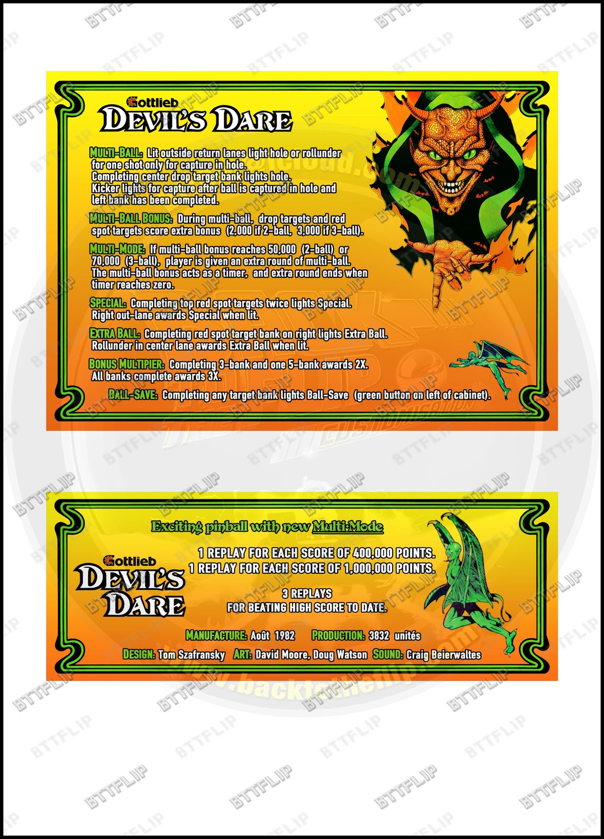 Cartes d'instructions custom apron flipper Gottlieb Devil's Dare 1982 V1 (set de 2)