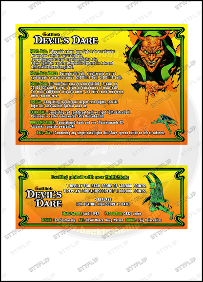 Cartes d'instructions custom apron flipper Gottlieb Devil's Dare 1982 V1 (set de 2)