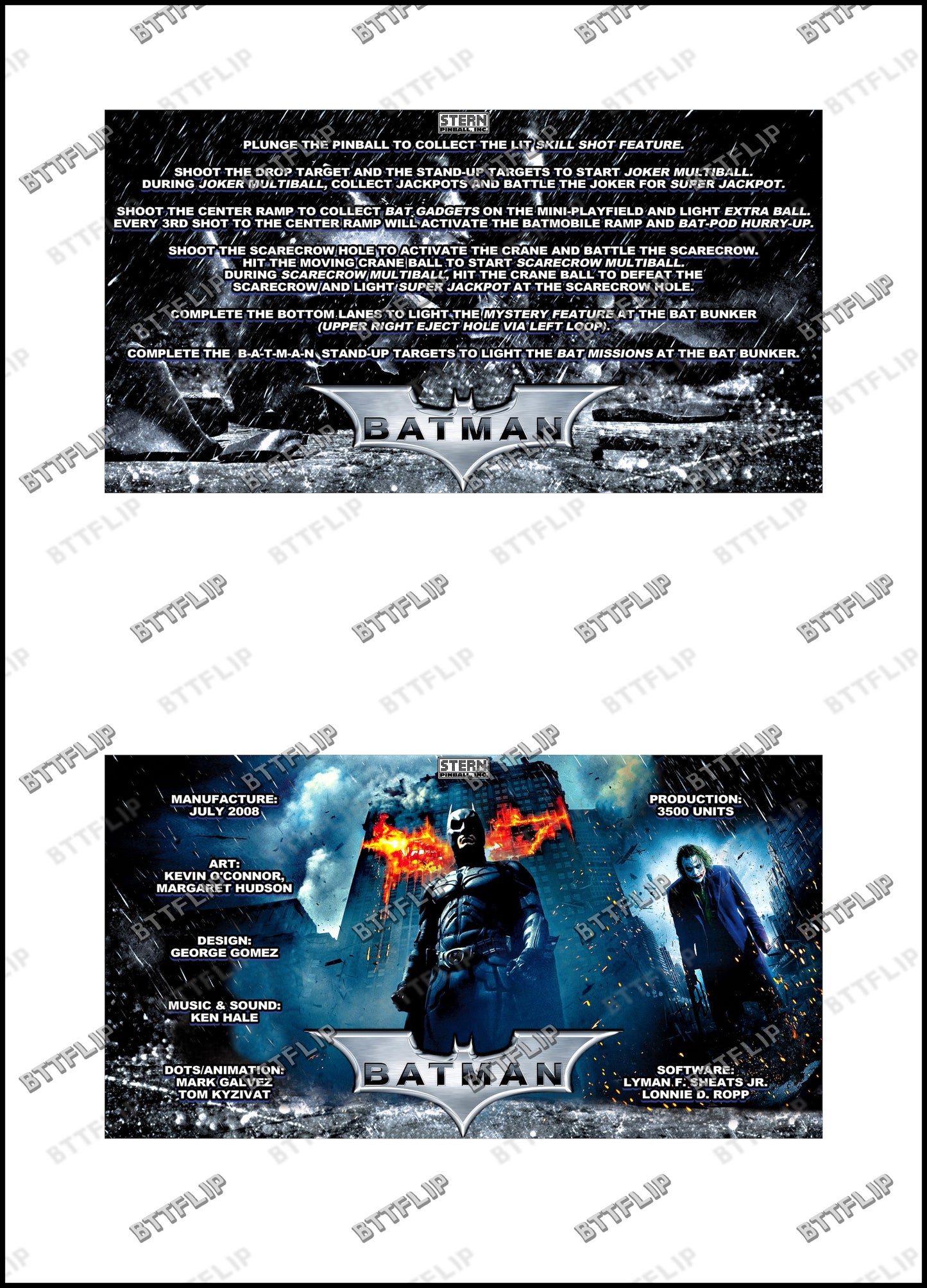 Stern Batman The Dark Knight 2008 Juego Cartas reglas Instrucciones Pinball Custom Delantal V1