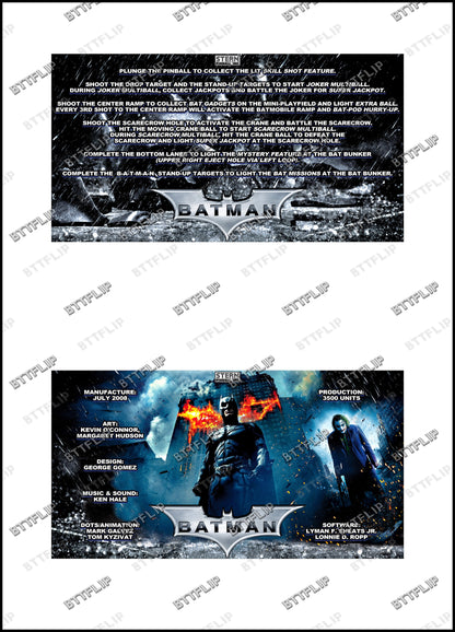 Stern Batman The Dark Knight 2008 Juego Cartas reglas Instrucciones Pinball Custom Delantal V1