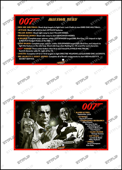 Stern 007 James Bond Dr No 2022 Game Cards Rules Instructions Pinball Custom Apron V1