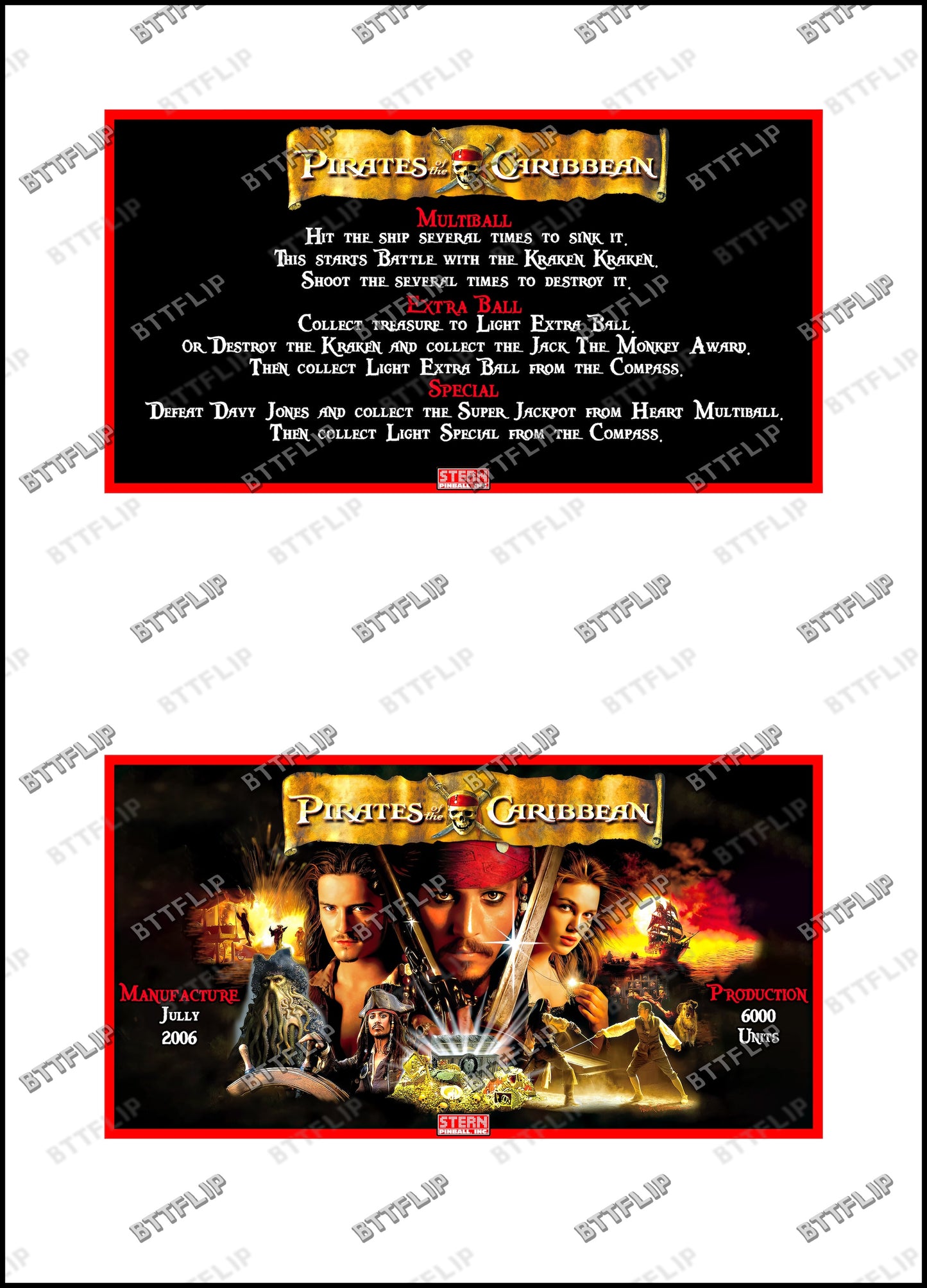 Stern Pirates Of The Caribbean 2006 Juego Tarjetas reglas Instrucciones Flipper Custom Apron V1