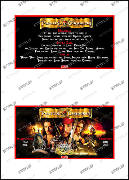 Stern Pirates Of The Caribbean 2006 Juego Tarjetas reglas Instrucciones Flipper Custom Apron V1