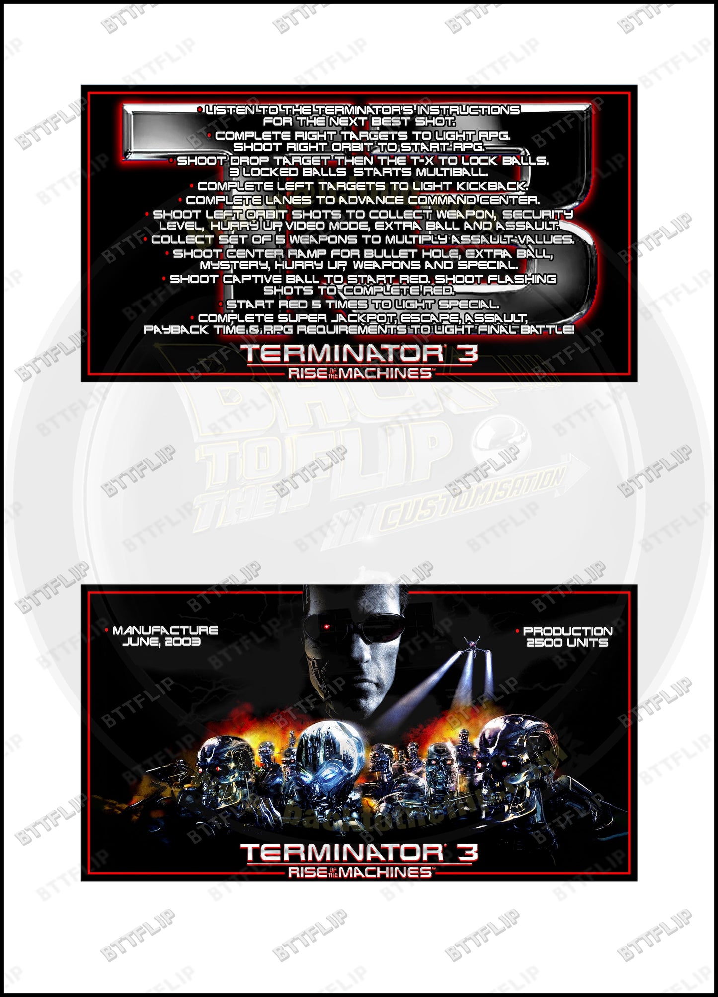 Custom instruction cards apron flipper Stern Terminator 3 Rise of the Machines 2003 V1 (set of 2)