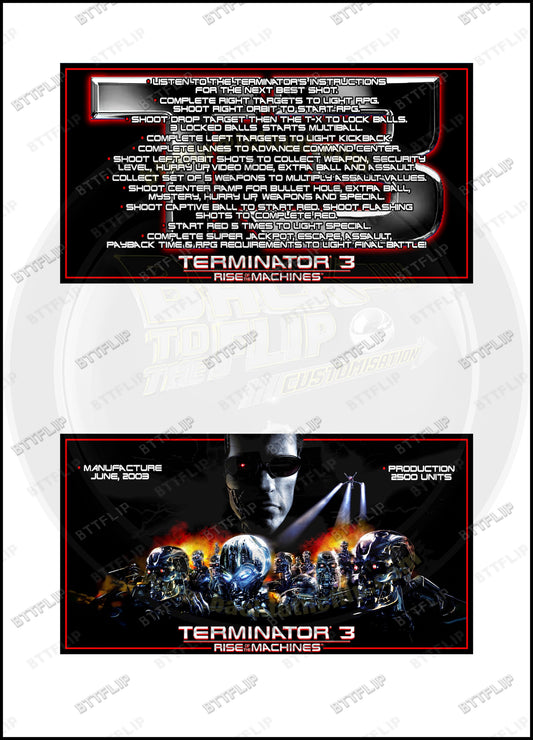 Cartes d'instructions custom apron flipper Stern Terminator 3 Rise of the Machines 2003 V1 (set de 2)