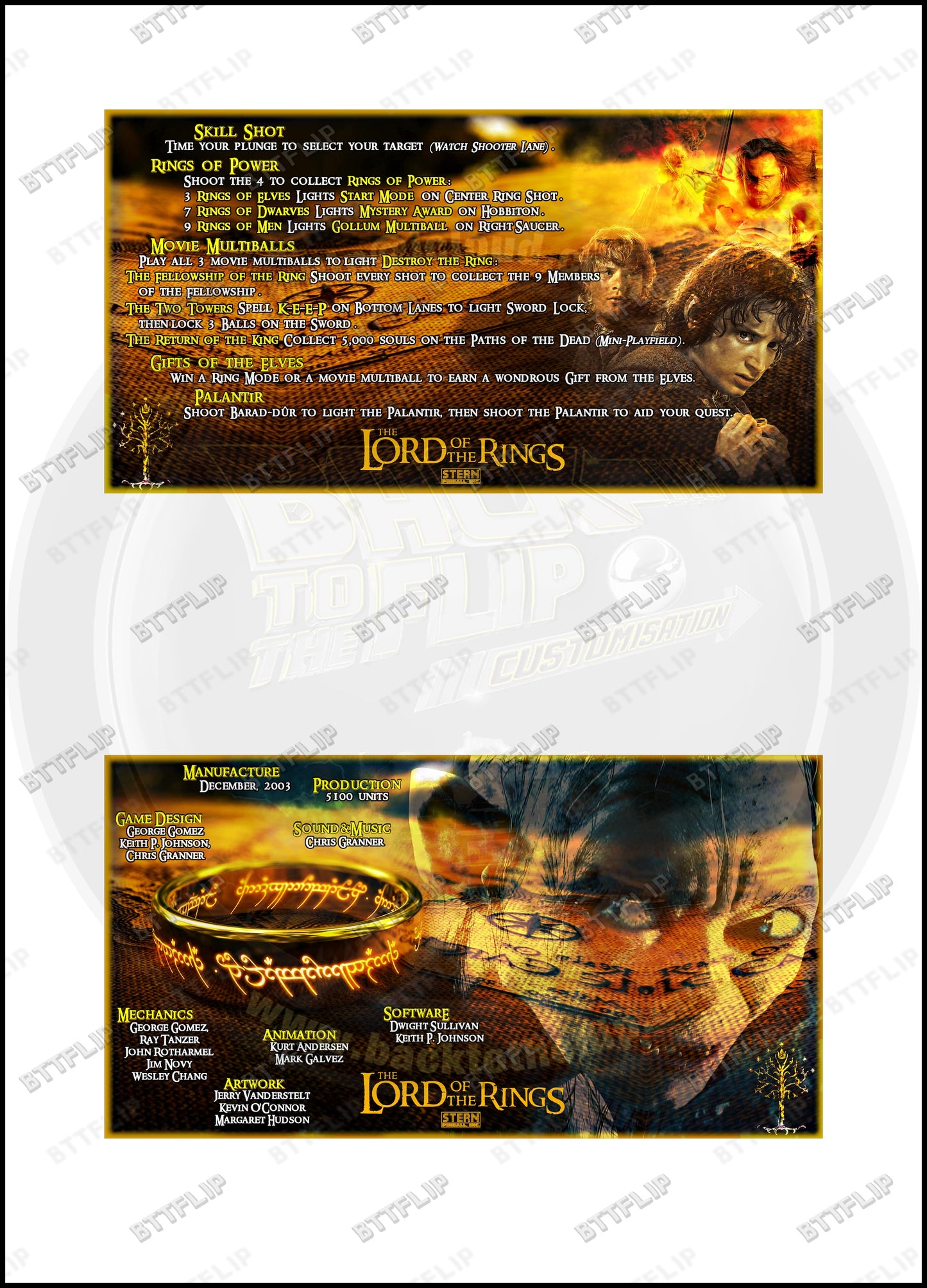 Stern The Lord Of The Rings 2003 Jeu Cartes règles Instructions Flipper Custom Apron V1