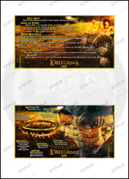 Stern The Lord Of The Rings 2003 Jeu Cartes règles Instructions Flipper Custom Apron V1