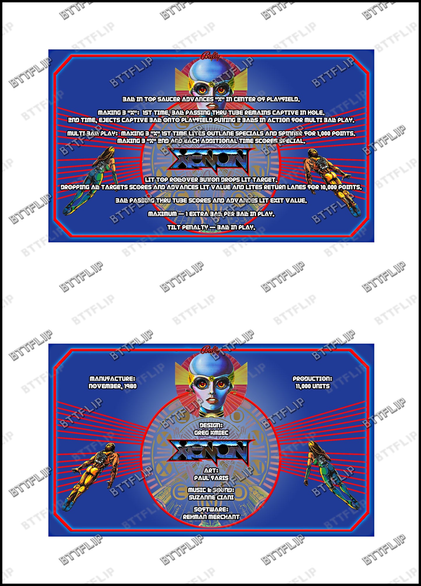 Bally XENON 1980 Juego Cartas reglas Instrucciones Pinball Delantal Personalizado V1