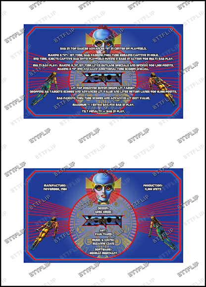 Bally XENON 1980 Juego Cartas reglas Instrucciones Pinball Delantal Personalizado V1